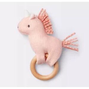 New Knit Unicorn Pink Rattle With Wooden Ring by Cloud Island‎